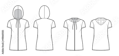 Set of Zip-up Hoody dresses technical fashion illustration with short sleeves, mini length, oversized body, Pencil fullness. Flat apparel template front, back, white color. Women men unisex CAD mockup
