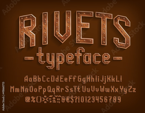 Rivets alphabet font. Steampunk letters, numbers and punctuation. Uppercase and lowercase. Stock vector typescript for your design.