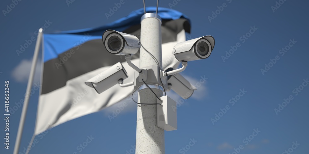 Security cameras near flag of Estonia, 3d rendering