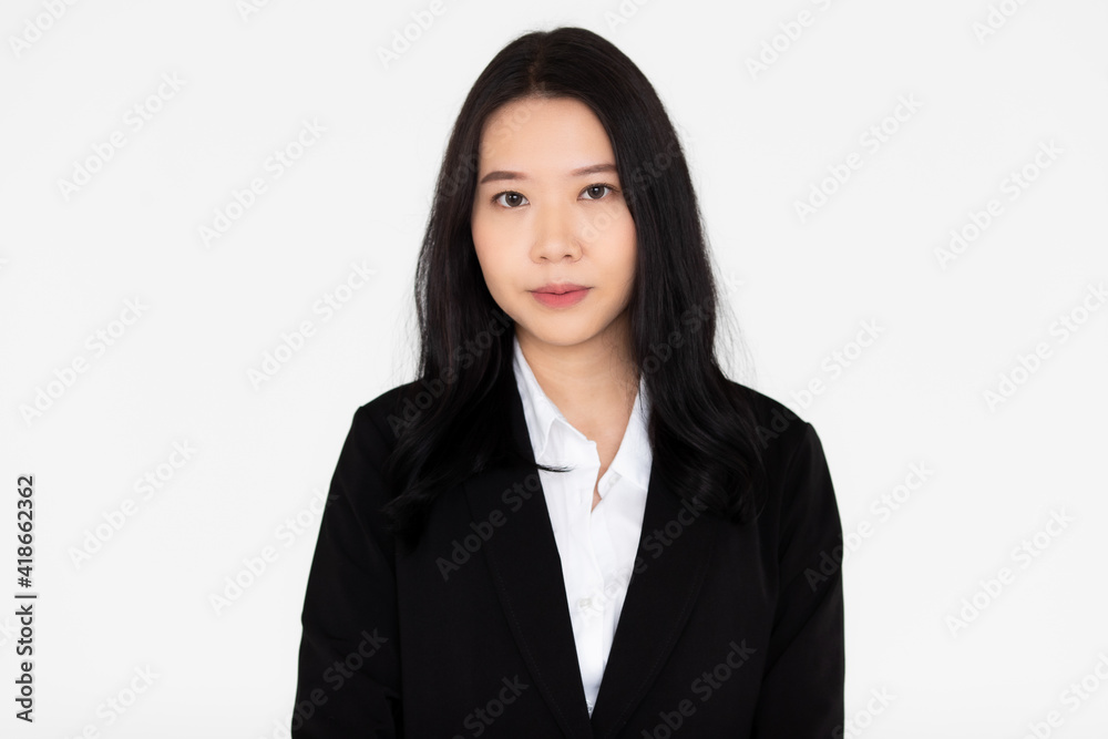 Portrait of cute long black hair Asian woman poses with friendly smile face and self-confident on white background Portrait of cute long black hair Asian woman poses with friendly smile face and self-confident on white background