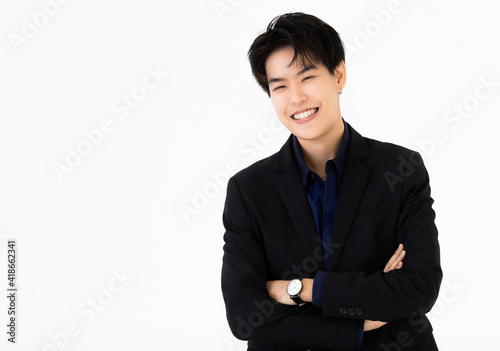 Portrait of woman LGBTQ tomboy as man gesture posing with cheerful and self-confidence isolated on white background photo