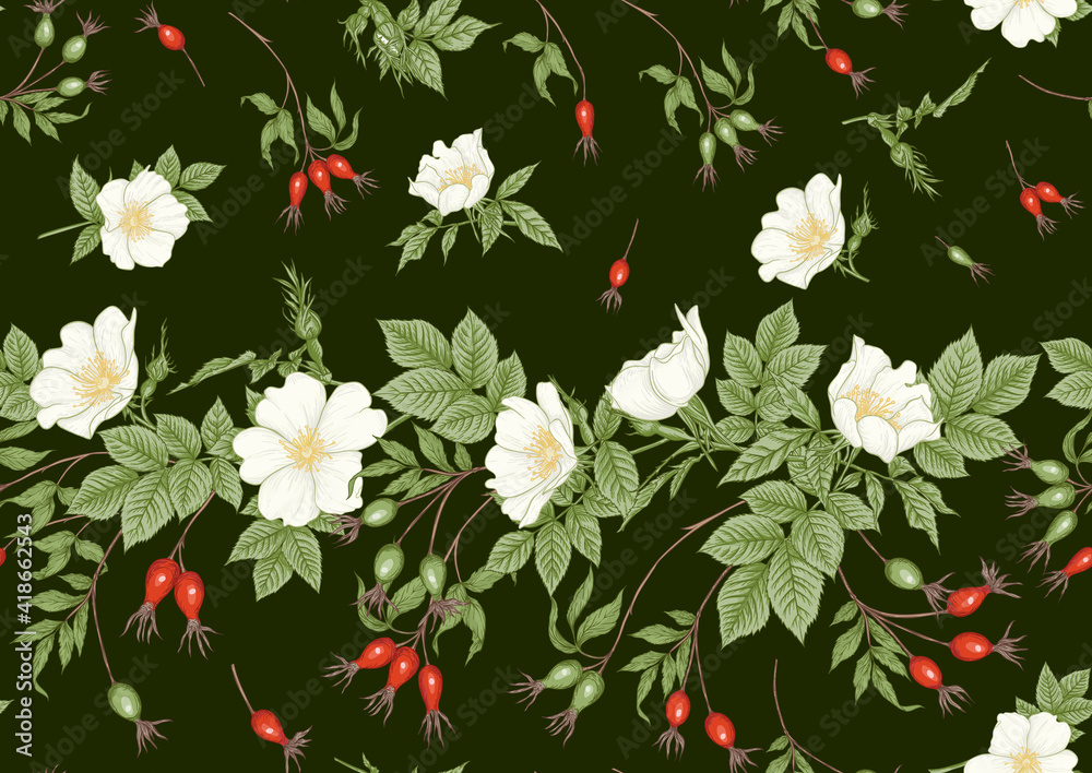 Obraz premium Rose hips with flowers and berries seamless pattern. Graphic drawing, engraving style. Vector illustration on black background