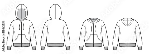 Set of Zip-up Hoody sweatshirt technical fashion illustration with elbow sleeves, relax body, kangaroo pouch, knit rib cuff. Flat template front, back, white color. Women, men, unisex CAD mockup