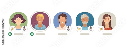 Hand holding Clubhouse application on smartphone screen cartoon vector illustration. Men and women flat avatars set. Audio chat social network. Virtual room with online conversation. Voice messages