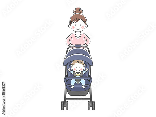 ベビーカーを押すお母さんのイラスト