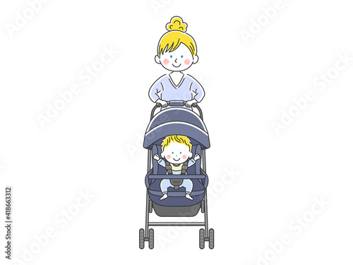 ベビーカーを押す白人のお母さんのイラスト