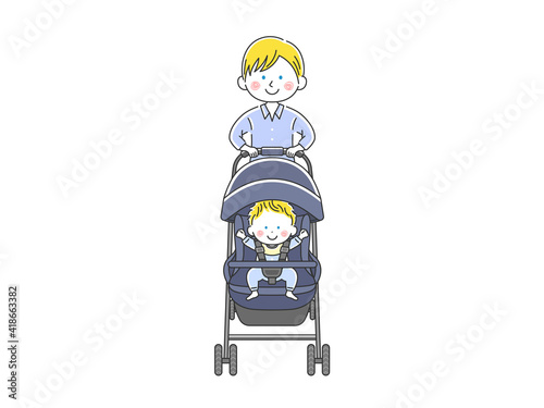 ベビーカーを押す白人のお父さんのイラスト