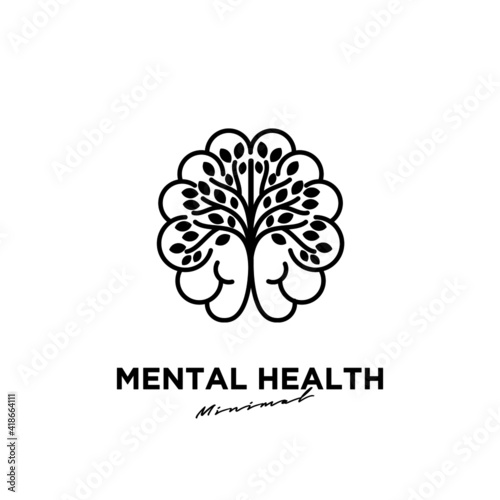 Mental health logo icon design with brain and leaf tree