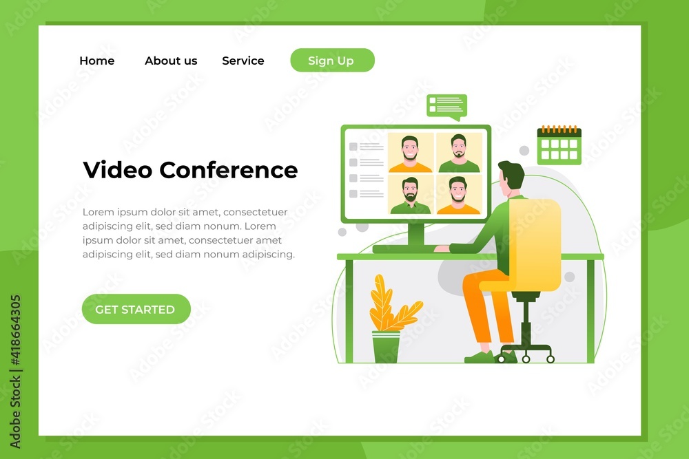 Video conference landing. People on computer screen taking with colleague. Videoconferencing and online meeting workspace vector page Video conference landing. People on computer screen taking with colleague. Videoconferencing and online meeting workspace vector page