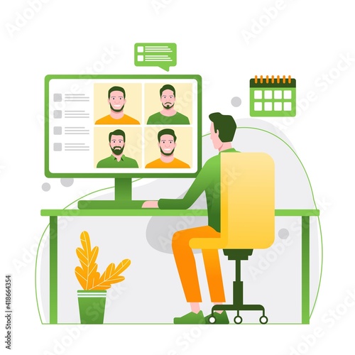 Video conference Illustration. People on computer screen taking with colleague. Videoconferencing and online meeting workspace vector page