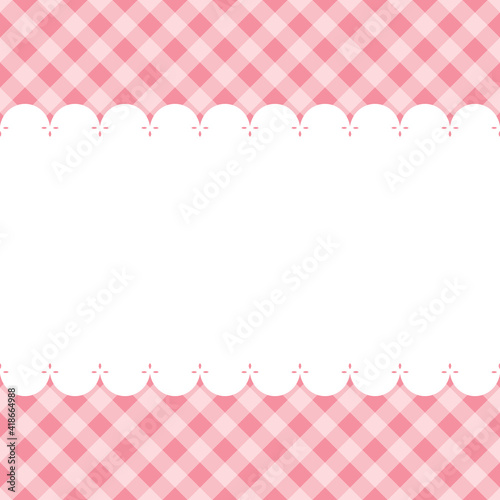 blank template, layout: white lace stripe on pink checkered background, vector flat illustration.