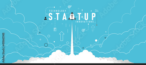 Vector illustration of a rocket, light bulb, cloud and icon Concept of business start with thin line style icons for website banners.