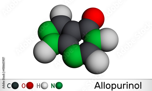 Allopurinol molecule. Drug is xanthine oxidase inhibitor, used to decrease high blood uric acid levels. Molecular model. 3D rendering photo