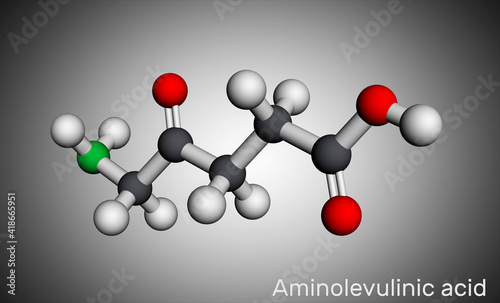 Aminolevulinic acid, δ-Aminolevulinic acid, dALA, δ-ALA, 5ALA molecule. It is an endogenous non-proteinogenic amino acid. Molecular model. 3D rendering photo