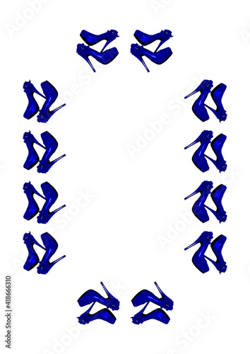 Frames on a white background A4, vertical - Dressed blue shoes on the platform with a bow on a high thin heel. Shoes.