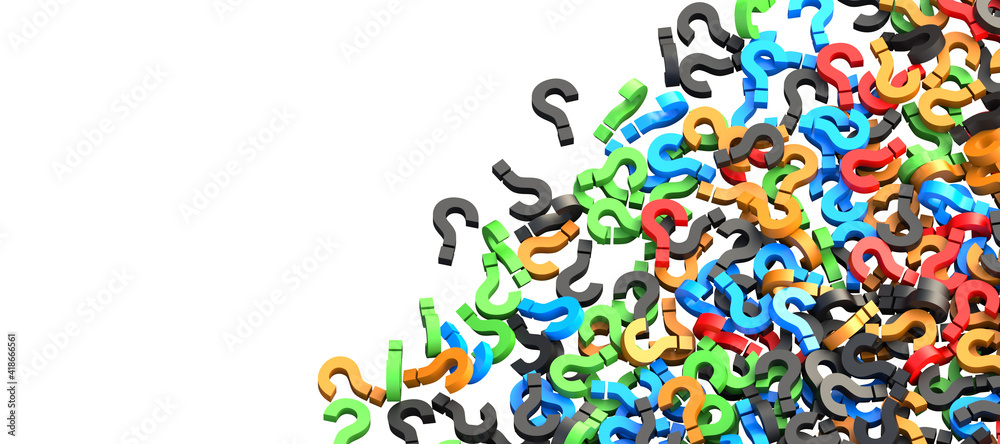 Fototapeta premium Colored question marks on white background with empty copy space on left side, FAQ Concept. 3D Rendering