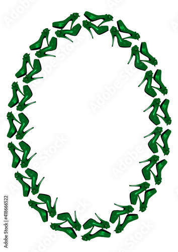 Frames on a white background A4, vertical - Dressed green shoes on the platform with a bow on a high thin heel.