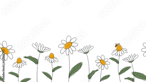 Seamless border of daisies hand drawn in simplified children cartoon naive style on white background.Cute bee sitting on flower.For design of website or shop for spring or summer.Raster illustration