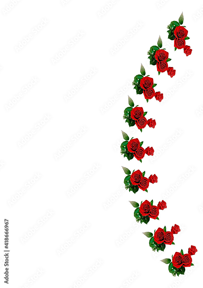 Frames - a bouquet of three red roses. Flowers on the white background of the A4, vertical image. Isolate Frames - a bouquet of three red roses. Flowers on the white background of the A4, vertical image. Isolate
