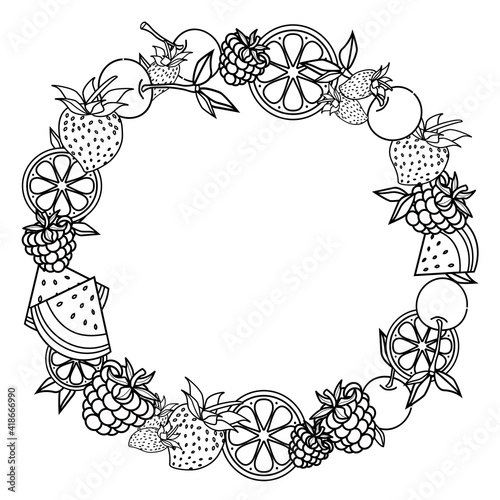 Vector coloring book for meditation and relax.Fruit wreath.Black and white image on a white background of isolated elements.Cherries,watermelon, strawberries, citrus and strawberries.