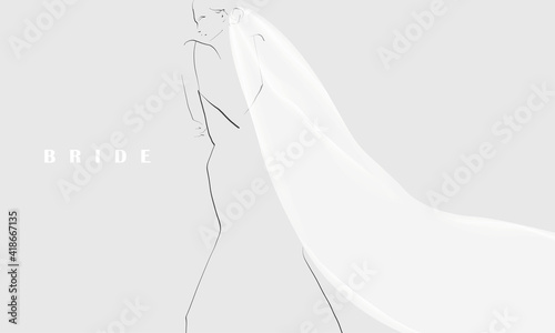 Young elegant bride in wedding dress and veil. Fashion illustration in sketch style. Vector