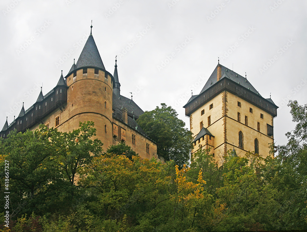 View of the Karlštejn castle from the foot of the mountain.