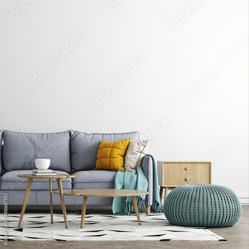Mid century modern interior design of living room and white wall pattern background, 3d rendering