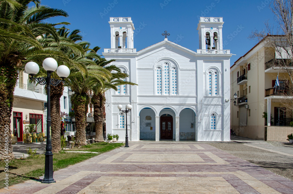 View of an orthodox church and square in Nafplio city .Peloponesse,Greece