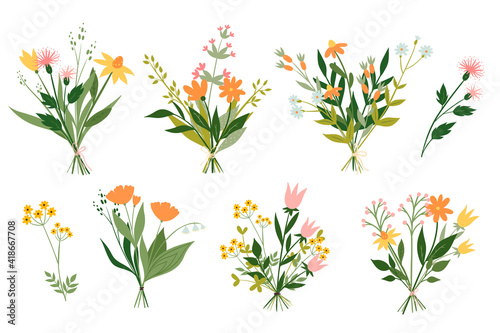 Set of cute bouquets of meadow flowers isolated on white background. Vector graphics.