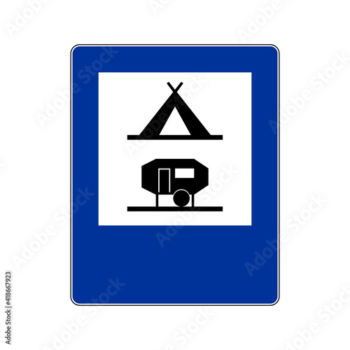 Campsite road sign. Vector illustration of blue traffic sign with tent and caravan icon inside. Caravan motorhome parking symbol on blue board isolated on white background. Travel, tourism concept.