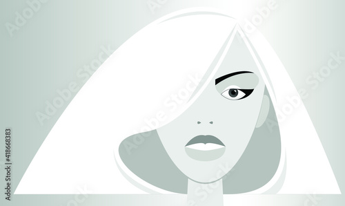 Vector graphics-a close-up portrait of a beautiful female blonde model with a square hairstyle and professional stylish makeup in black and white. Concept - beauty of hair and face in the salon