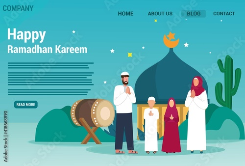 Happy moslem family greeting celebrating eid mubarak Illustration Vector. Islam, kids.