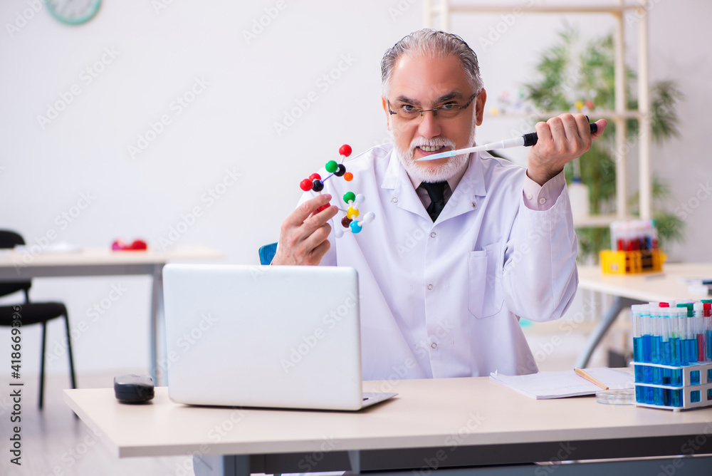 Old male scientist studying molecular model Old male scientist studying molecular model
