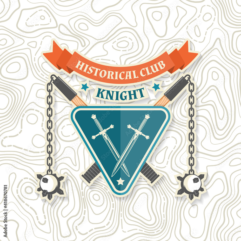 Knight historical club badge design. Vector illustration Concept for shirt, print, stamp, overlay or template. Vintage typography design with flail and knight shield silhouette. Knight historical club badge design. Vector illustration Concept for shirt, print, stamp, overlay or template. Vintage typography design with flail and knight shield silhouette.