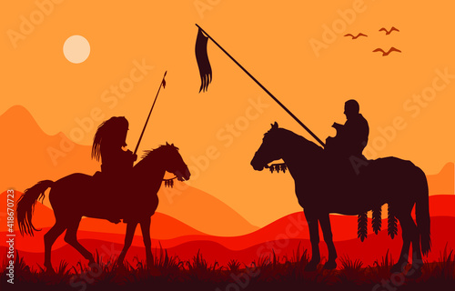 isolated realistic black silhouettes of two mounted knights on a colored background of sky and hills 