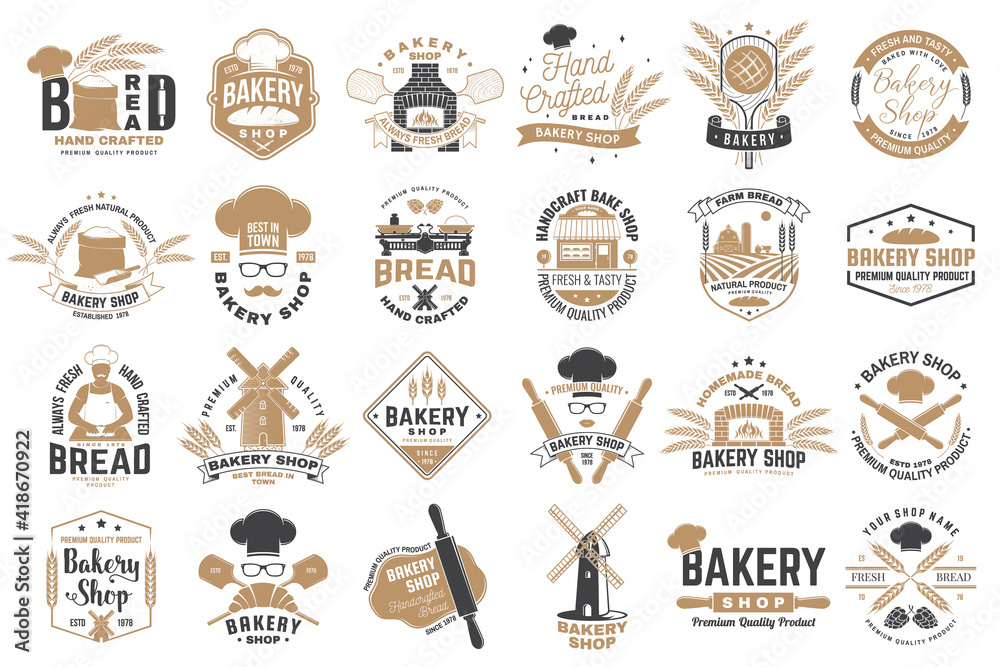 Set of Bakery shop badge. Vector. Design with windmill, rolling pin, dough, wheat ears, old oven, wooden bread shovels silhouette. For restaurant, bakery identity objects, packaging menu Set of Bakery shop badge. Vector. Design with windmill, rolling pin, dough, wheat ears, old oven, wooden bread shovels silhouette. For restaurant, bakery identity objects, packaging menu