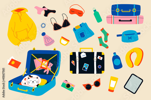 Travel suitcase. Tourism luggage and trendy clothes, travel accessories for adventure holidays. Vector doodle tourist suitcase set