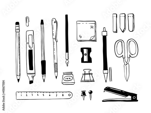 Doodle stationery. Hand drawn school and office tools, pen pencil marker sticker ruler scissors. Vector isolated graphic set
