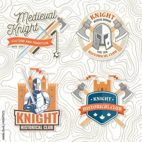 Set of Knight historical club badge, t-shirt design. Vector. Concept for shirt, print, stamp, overlay or template. Vintage typography design with knight with sword and castle silhouette.