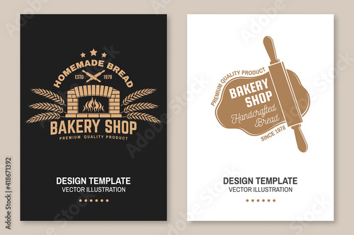 Bakery shop flyer, brochure, banner, poster. Vector. Typography design with old oven, ears of wheat silhouette. Template for bakery, restaurant identity objects, packaging and menu