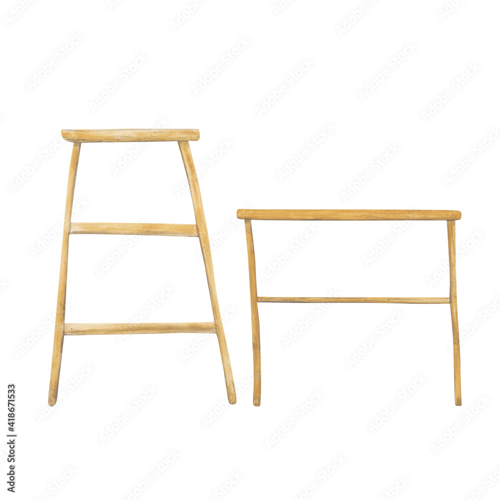 Watercolor set of 2 wooden table and shelf isolated on a white background. Hand-drawn stepladder and book shelf for your design. Empty wood stands. Interior furniture. Watercolor set of 2 wooden table and shelf isolated on a white background. Hand-drawn stepladder and book shelf for your design. Empty wood stands. Interior furniture.