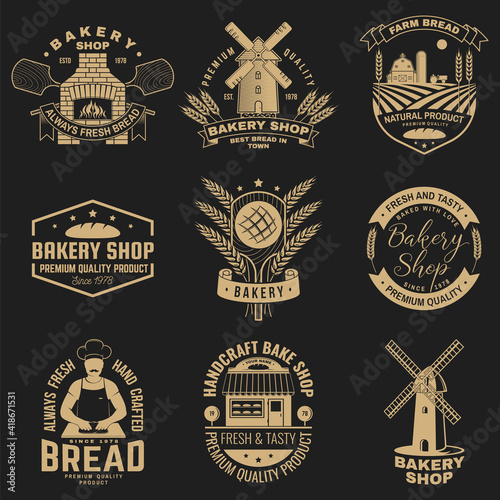 Set of Bakery shop badge. Vector Design with windmill, rolling pin, dough, wheat ears, old oven, wooden bread shovels silhouette. For restaurant, bakery identity objects, packaging menu
