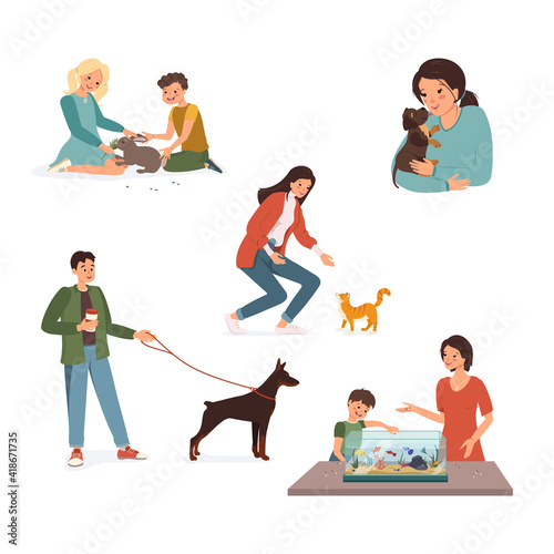 Set of illustration with happy pet owners