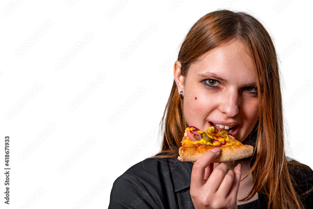 portrait of young teenager brunette girl with long hair eat slice of pizza isolated on white background