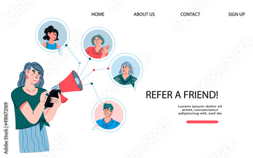 Refer a friend website banner template with people recommend goods to each other via mobile app. Referral marketing concept of web banner or landing page, cartoon vector illustration.