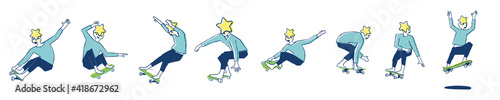 Set of young sportsman star head character playing skateboard. Skateboarder use surf skate doing skateboard trick. Vector illustration for graphic design or surf skate content background