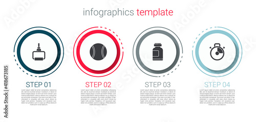 Set TPX loop training equipment, Tennis ball, Sports nutrition and Stopwatch. Business infographic template. Vector.