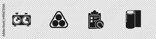 Set Time chess clock, Billiard balls in a rack triangle, Checklist clipboard and tennis and Fitness mat roll icon. Vector.