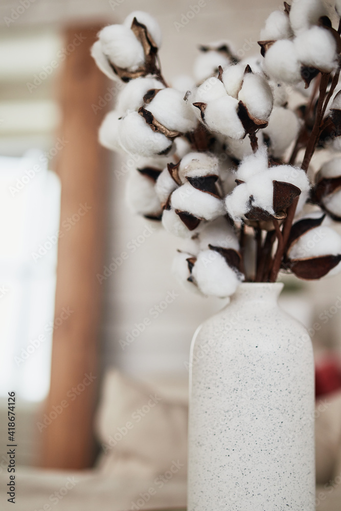sprigs of cotton in a white vase on the table