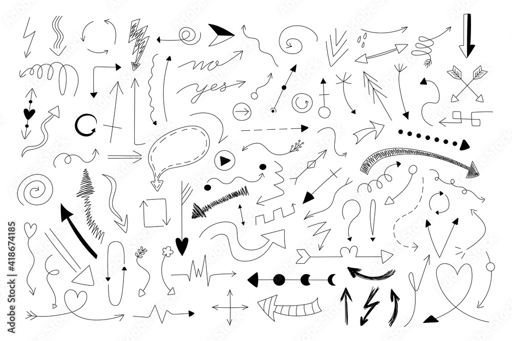 Obraz premium Doodle arrows. Hand draw minimal thin line arrows design template, business cursor collection for presentation and infographic. Vector set